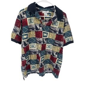 Tribute Vintage Nautical Stamp Sailboat Print Polo Shirt Men's Size L